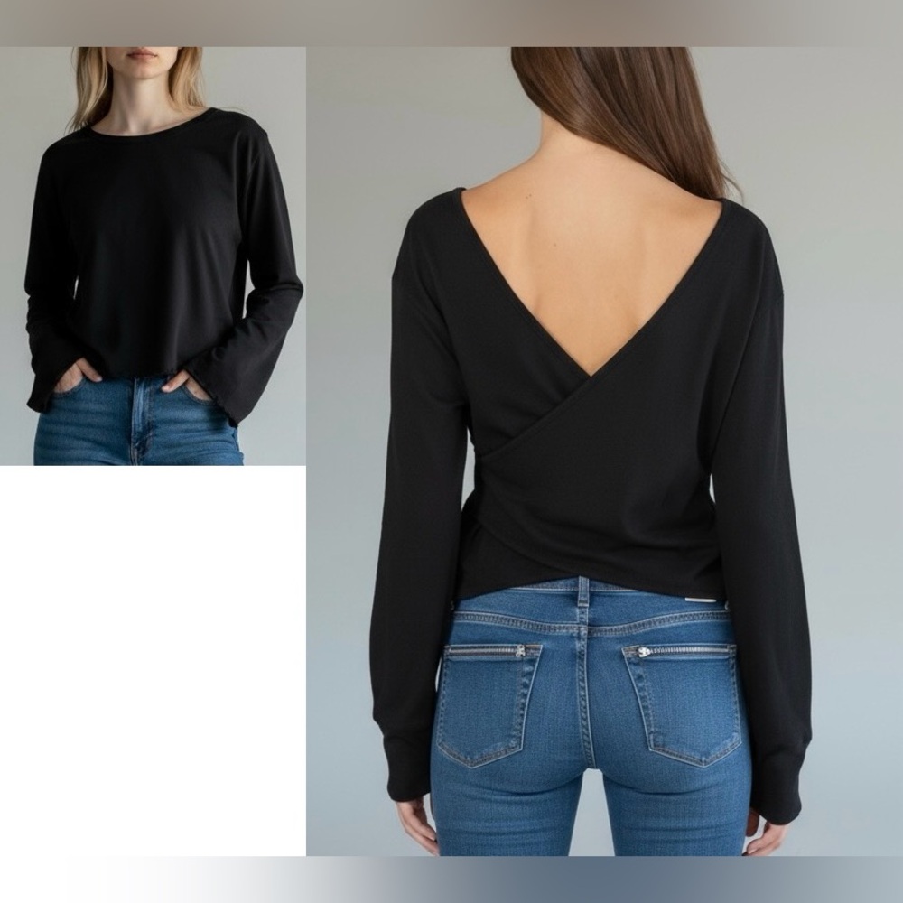 RtA Ruth Top knit‎ long sleeve distressed hem black size large crossover back